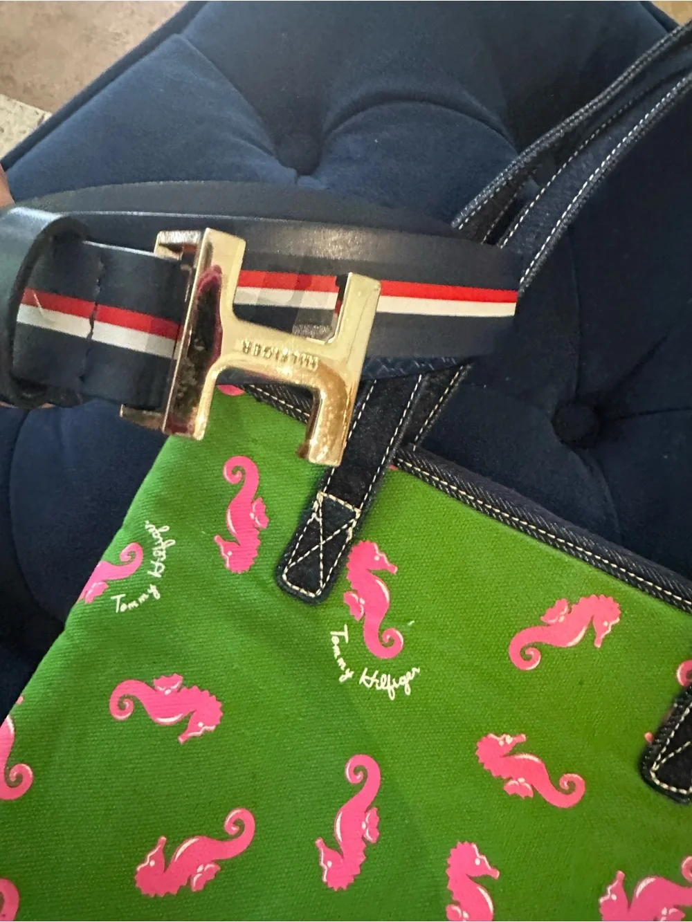 Tommy Hilfiger Green Tote Bag with Pink Seahorse Print plus Free Belt